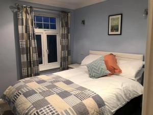 a bed in a room with a window and a bedspread at Atlantic Lodge in Newquay