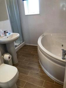 a bathroom with a toilet and a tub and a sink at Atlantic Lodge in Newquay
