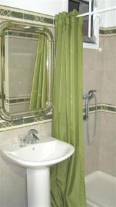 a bathroom with a sink and a green shower curtain at Pensión Iglesias in Zaragoza