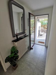 a hallway with a mirror and a potted plant at VILLA ESTEREL in Saint-Raphaël