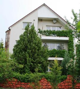 une maison avec des arbres devant elle dans l'établissement Apartman-Donau Tát, à Tát