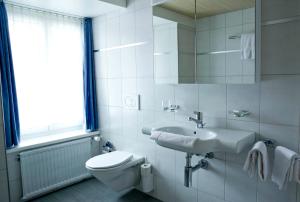 ein weißes Badezimmer mit Toilette und Waschbecken in der Unterkunft Hotel Alpina in Unterschächen + 34 Fotos