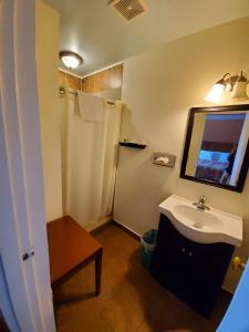 La petite salle de bains est pourvue d'un lavabo et d'un miroir. dans l'établissement Economy Inn, à Pratt
