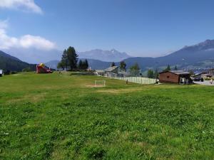 um grande campo de relva verde com montanhas ao fundo em Chez tonton em Aosta