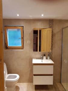 a bathroom with a toilet and a sink and a window at Tara Cottage in Bajina Bašta