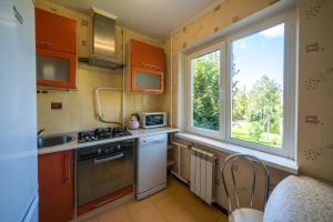 a small kitchen with a sink and a window at Flat on Dneprovsky boulevard in Mogilev
