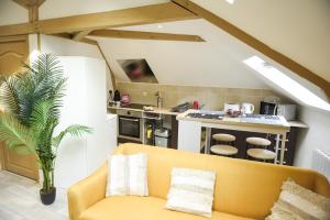 a living room with a couch and a kitchen at APPARTEMENT DU CENTRE in Charleville-Mézières