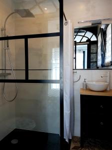 a bathroom with a shower and a sink at LES VAGUES, plage et centre à pied, terrasse rez-de-ch, parking gratuit, lits faits, animal bienvenu in Berck-sur-Mer +36 photos