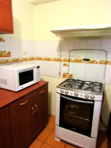 La cocina está equipada con fogones y microondas. en Full Suites, en Cusco