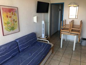 sala de estar con sofá y TV en Residence Caraibes -Cap Coudalere,, en Le Barcarès