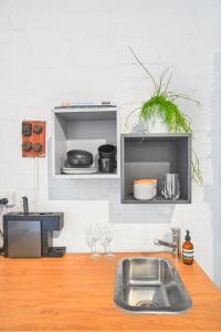 uma cozinha com um lavatório e uma bancada em The Blender Loft em Melbourne