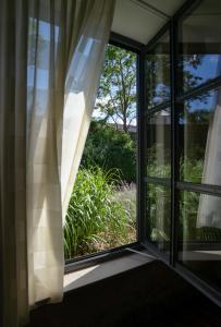 an open window with a view of a garden at historic Apart in Erlangen