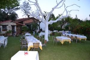 a group of tables and chairs under a tree at Hostal El Cardenillo in Madrigal de la Vera