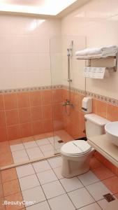 a bathroom with a shower and a toilet and a sink at Jungle City Motel in Chiayi City