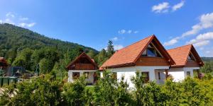 una casa con techo marrón en las montañas en Mała Osada domki z jacuzzi przy gondoli, en Szczyrk