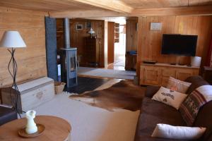 a living room with a couch and a fireplace at Chalet Beau Site in Le Sépey