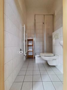 ein weißes Badezimmer mit Toilette und Waschbecken in der Unterkunft Pension Akropolis in Rellingen