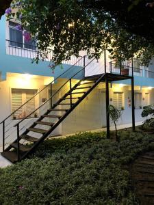 un escalier menant à un bâtiment éclairé dans l'établissement Ecopousada Miriti, à Belém