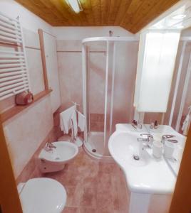 a bathroom with a sink and a shower and a toilet at Pa' Eimbdlar in Sauris