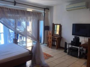sypialnia z łóżkiem, telewizorem i oknem w obiekcie Bamburi Beach Studio Apartment B41 w mieście Bamburi