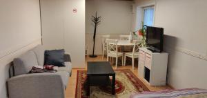 a living room with a couch and a tv and a table at Cozy Cityhome Pirkankatu in Tampere