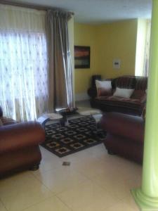 een woonkamer met 2 banken en een raam bij Koiketla Guesthouse in Pretoria