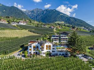 ein Resort in einem Weinberg mit Bergen im Hintergrund in der Unterkunft Hotel Appartement Krone in Dorf Tirol