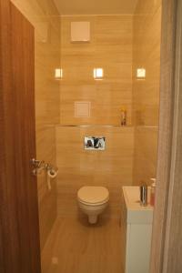 y baño con aseo y lavamanos. en Holiday Apartman with Free Parking en Győr