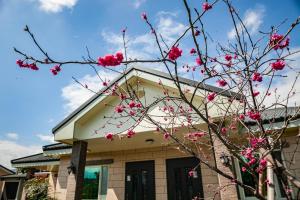 a tree with pink flowers in front of a house at Countryside B&B in Ruisui