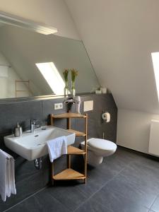 La salle de bains est pourvue d'un lavabo et de toilettes. dans l'établissement Pension Pauserei, à Oedheim