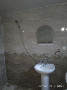 a bathroom with a sink and a shower at Kaxa Shorena Guest-House in Kazbegi