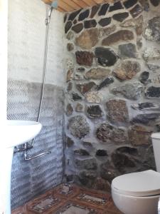 a bathroom with a stone wall and a toilet at Guest House Murkvam in Tvebishi