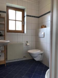 a bathroom with a toilet and a sink and a window at Tuschnhof in Rinn +36 photos