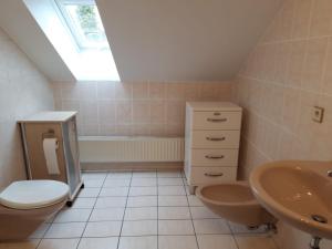 a bathroom with a toilet and a sink at Ferienwohnung Trommblick - Natur Pur - Rimbach im Odenwald in Rimbach +12 photos
