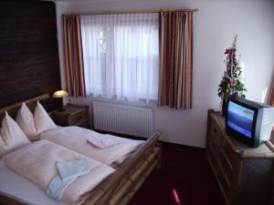 a bedroom with a bed with a television and a window at Pension Heidi in Kaprun