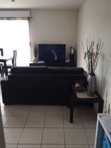 a living room with a black couch and a table at Appart Thonon Corzent au bord du Lac in Thonon-les-Bains