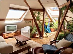 a living room with a tv and some plants at Charming central sunny penthouse in Lisbon