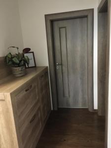 um corredor com uma porta e uma planta numa cómoda em Privát em Poprad