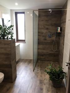 a bathroom with a glass shower and a toilet at Privát in Poprad