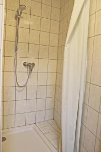 een badkamer met een douche met een bad en een douchegordijn bij Fewo Burgunder in Hanhofen