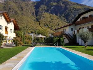 uma piscina no quintal de uma casa com montanhas ao fundo em Haus Winkler em Vilpiano