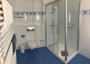 a bathroom with a glass shower and a toilet at Hotel Villa Viktoria Luise in Blankenburg
