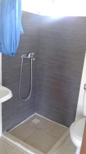 a bathroom with a shower with a sink and a toilet at Hostal Posada Del Hum in San Gregorio de Polanco