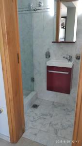 a bathroom with a shower and a sink at Studio Mytilene View in Mytilini