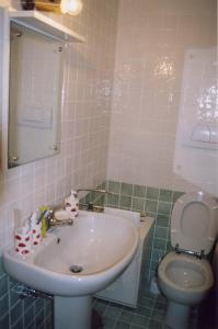 uma casa de banho com um lavatório e um WC em Casa bianca em San Vito di Cadore