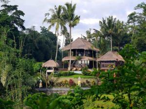 a resort with thatched huts and a pond and trees at Kupu Kupu Private Villa in Ubud