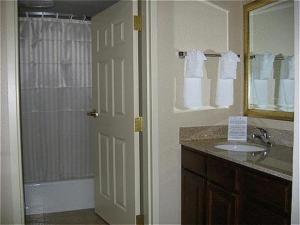 a bathroom with a shower and a sink and a mirror at Staybridge Suites Indianapolis-Airport, an IHG Hotel in Plainfield
