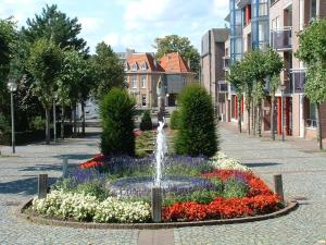 een fontein in het midden van een straat met bloemen bij Hotel Restaurant Les Jumeaux in Gulpen