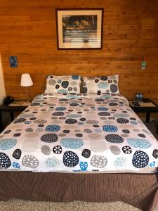 1 dormitorio con cama con edredón en Alpine motel, en Rocky Mountain House