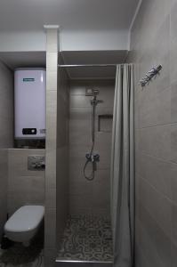 a bathroom with a shower and a toilet and a television at Apartment on Peremohy Ave 20 in Kyiv
